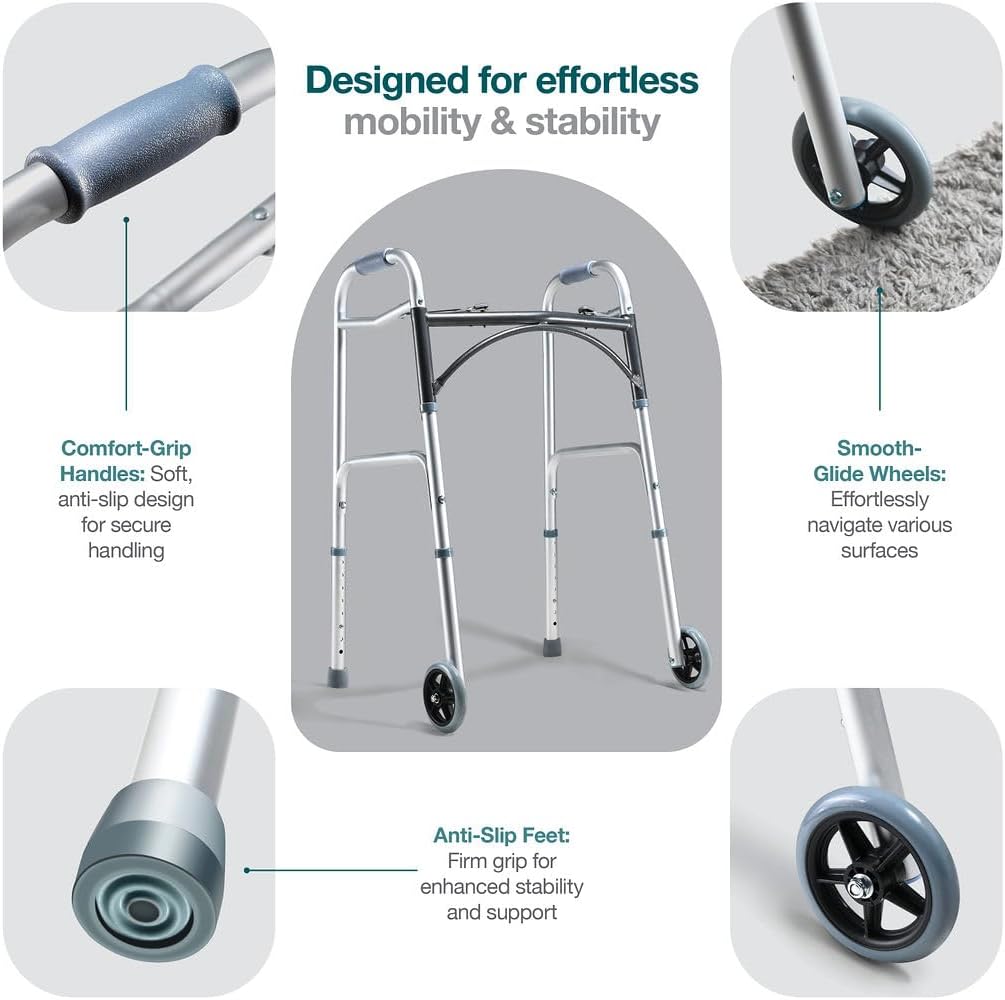 Medical King Silver Aluminum Rolling Walker for Seniors and Adults, 350 Pounds Weight Capacity, Foldable, Classic Style