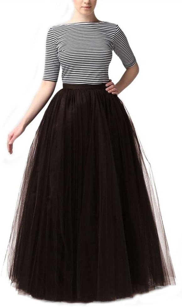 Women's Long Tutu Tulle 5 Layers Skirt Elastic Waist A Line Floor Length Prom Party Skirts Petticoat