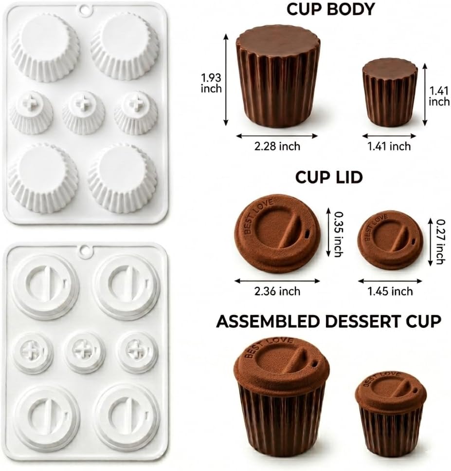 Silicone Molds for Baking Set, 3D Coffee Cup & Lid Shaped Cupcake Pan | 2 Sizes in One Tray,Works with Chocolate, Mousse & Jelly, Food-Safe, Easy Release, for Parties & Cafe Displays