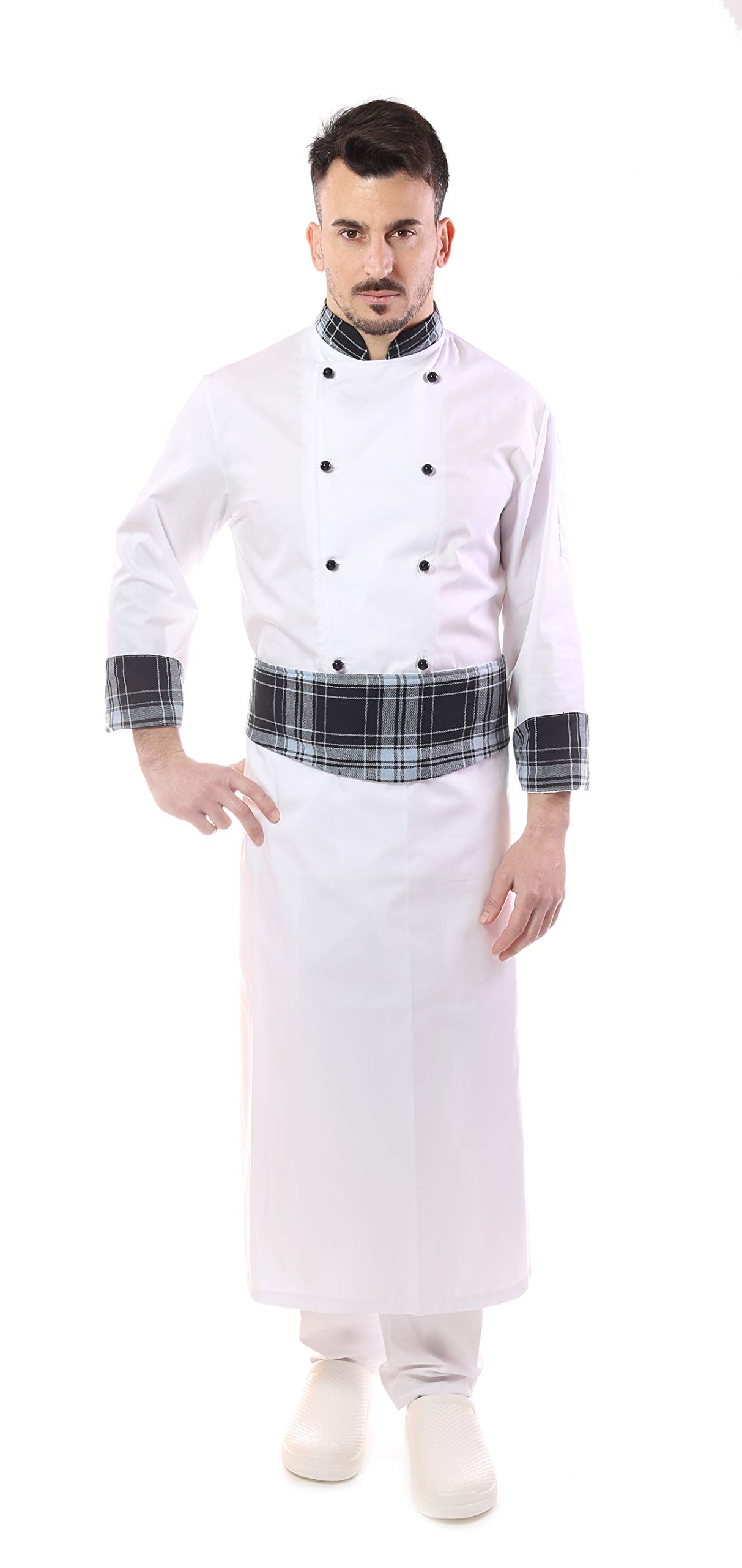 Bordado gratuito – Juego de cocinero y chef blanco – Escocia – para hombre – 4 unidades – Chaqueta, Pantalón, Davantino y Bandana – uniforme para cocina y restaurante – Fabricado en