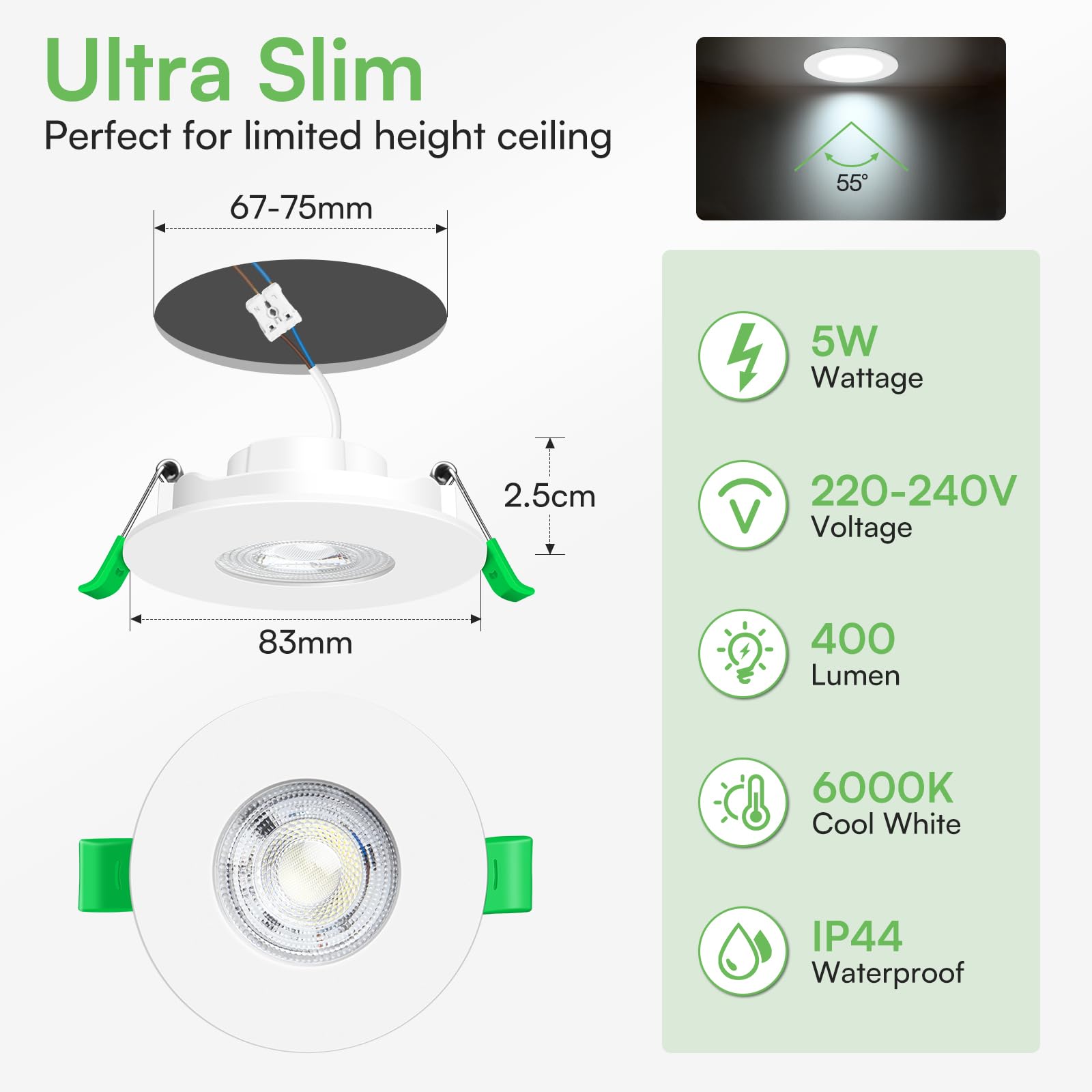 ALUSSO LED Einbaustrahler 230V, 5W Kaltweiß 6000K Deckenspots mit Abnehmbar Modul Nicht Dimmbar, Ø68mm Ultra Flach LED Einbauspot IP44 Waterproof für Küche Badezimmer Wohnzimmer, 24er