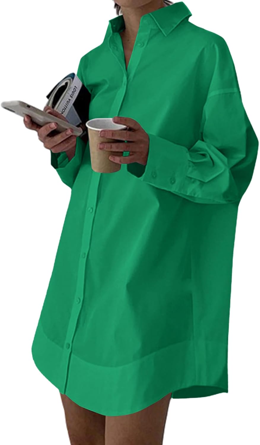LYANER Women's Casual Shirt Dress Collar V Neck Button Down Loose Long Sleeve Mini Dresses