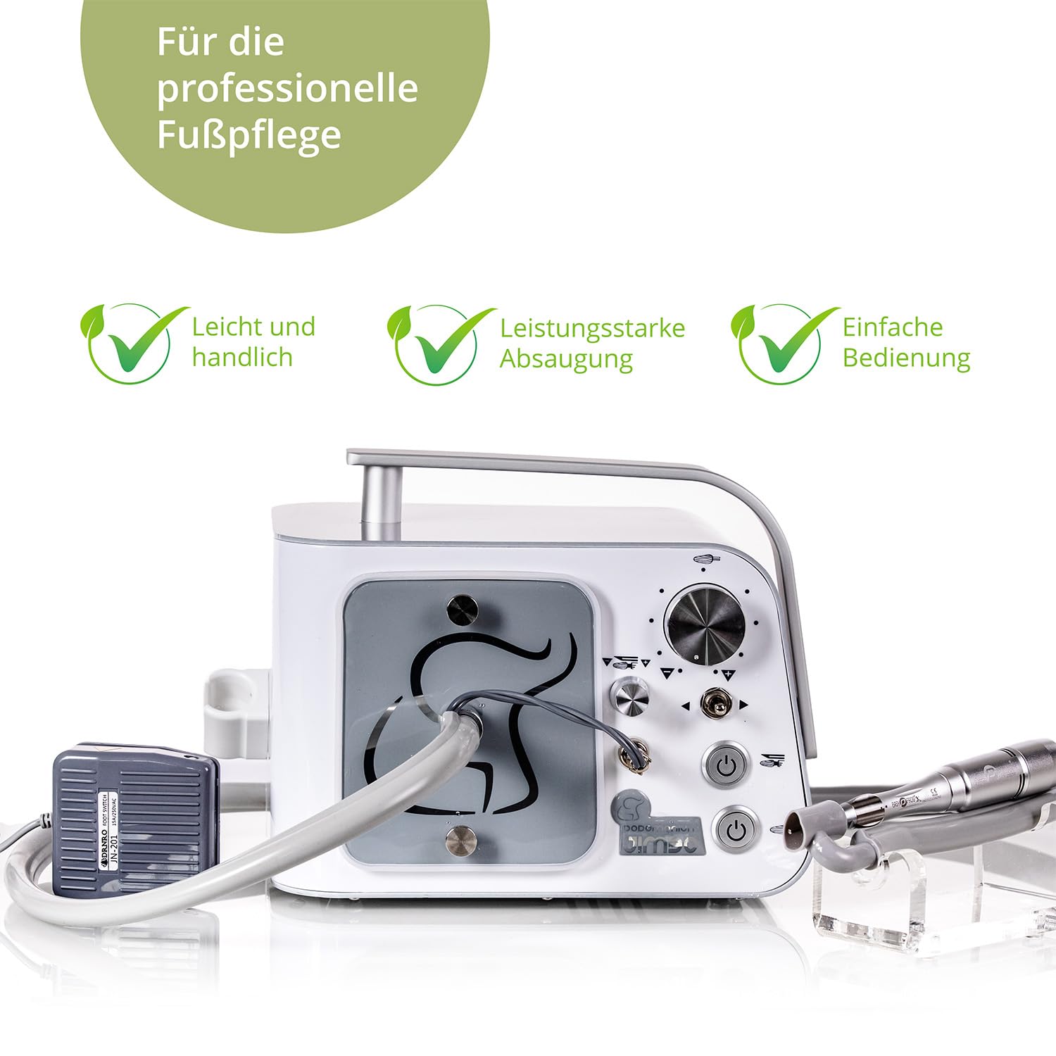 Podomonium JIMBO Fußpflegegerät mit Absaugung – Profi Nagelfräser 40.000 U/min, Micromotor mit 2,35 mm Bitaufnahme, Trockentechnik, für Podologie & mobile Fußpflege, Assembled in Europe