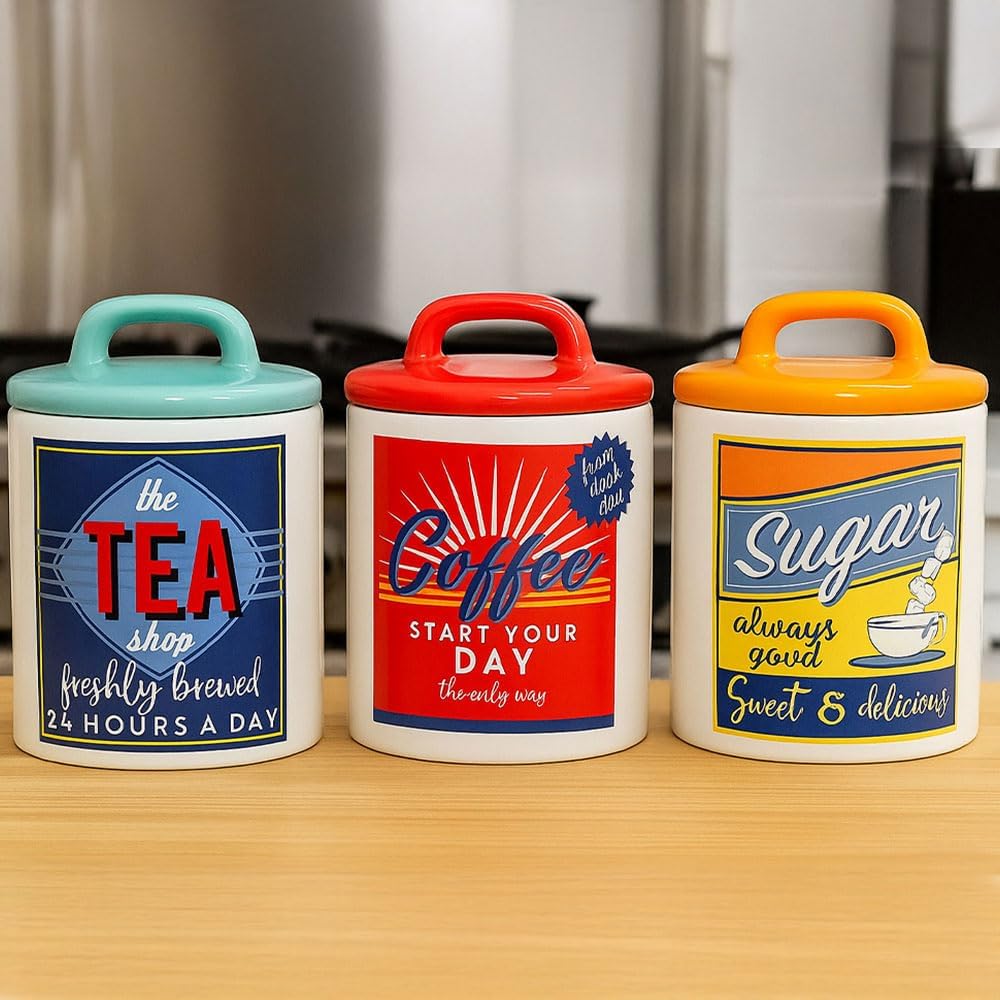BML 3 x Retro 50's / 60's Multi Color Classic Ceramic Tea Coffee Sugar Canister Jar Set for Kitchen Counter Multi-Purpose Kitchen Storage Organizer