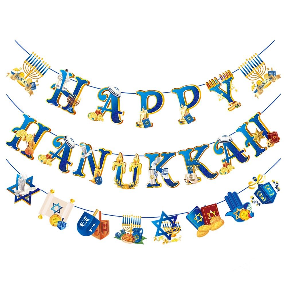 Casiler Style 1 Happy Hanukkah Banner, Chanukah Letter Menorah Pattern Banner Festival Of Lights Jewish New Year Decoration For Hanukkah Party Decoration Supply