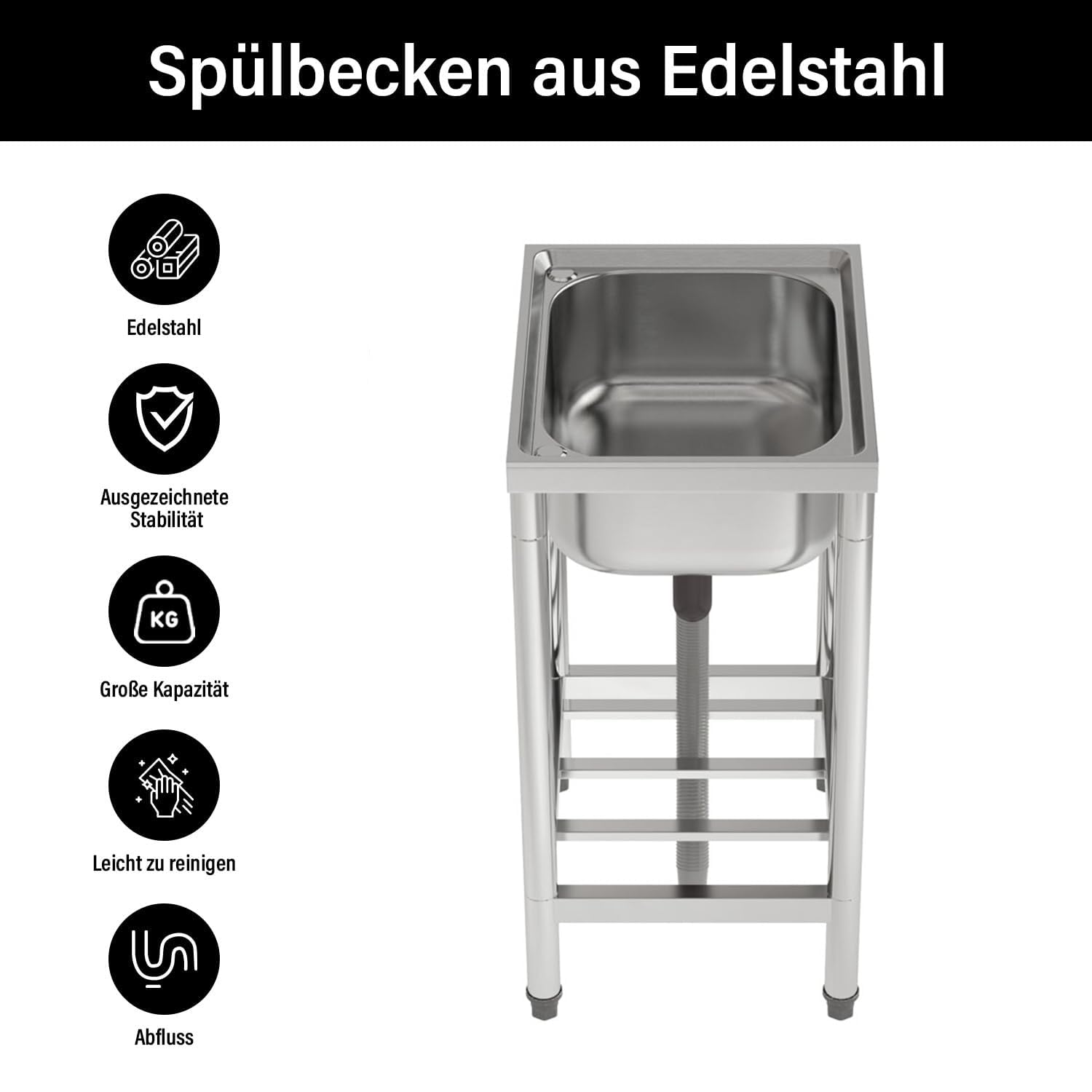 Freistehende Spüle Edelstahl Spültisch mit 43×33×18 cm Becken – Outdoor Waschbecken für Küche, Garten (Edelstahl Silber, 80 cm x 50 cm x 40 cm)
