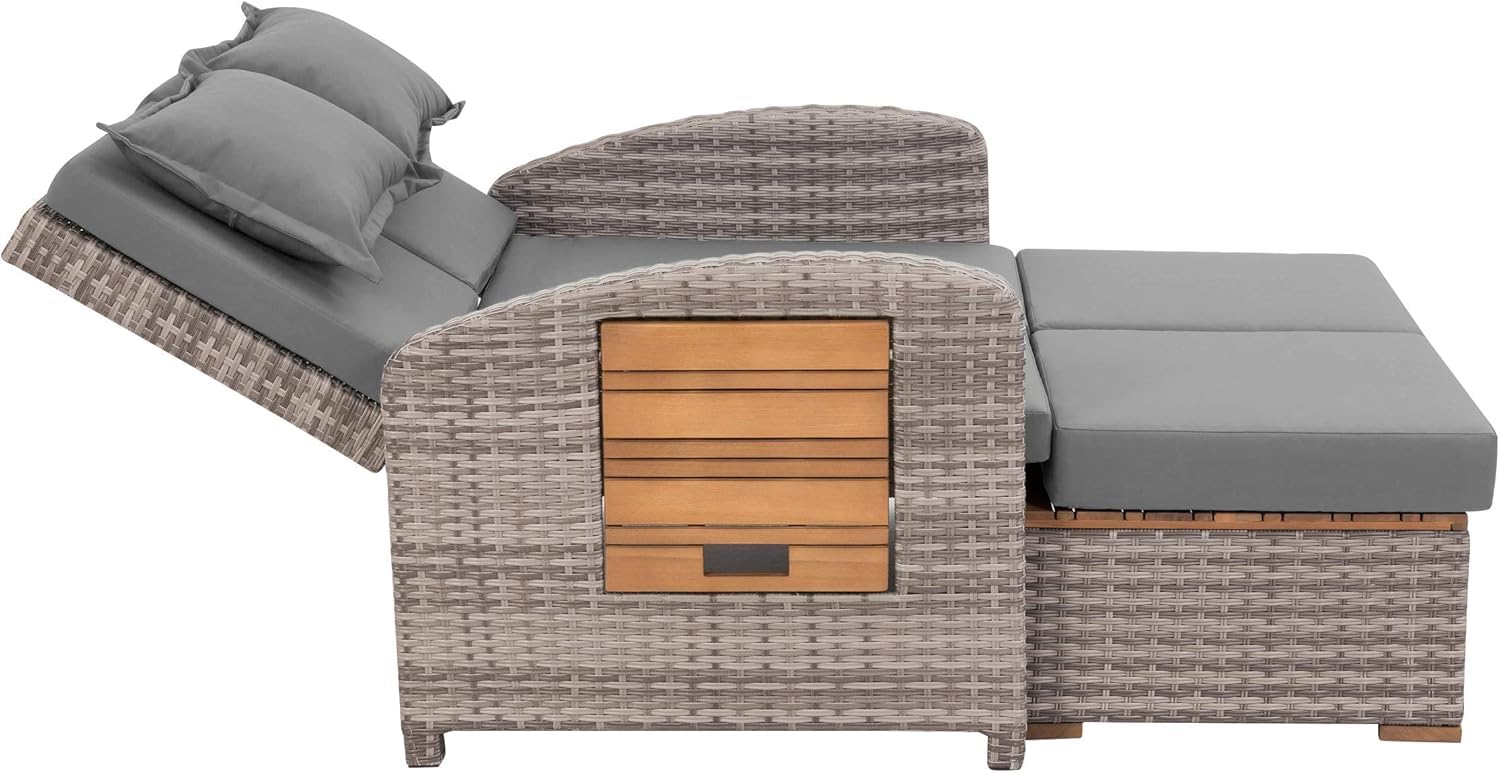 greemotion Gartensofa mit Liegefunktion Bahia Tobago - Sonnenliege mit 5-fach verstellbarer Rückenlehne - Gartenlounge mit zwei klappbaren Seitentabletts - Loungesofa inkl. Hocker 117x93x74 cm | 117 x 93 x 74 cm