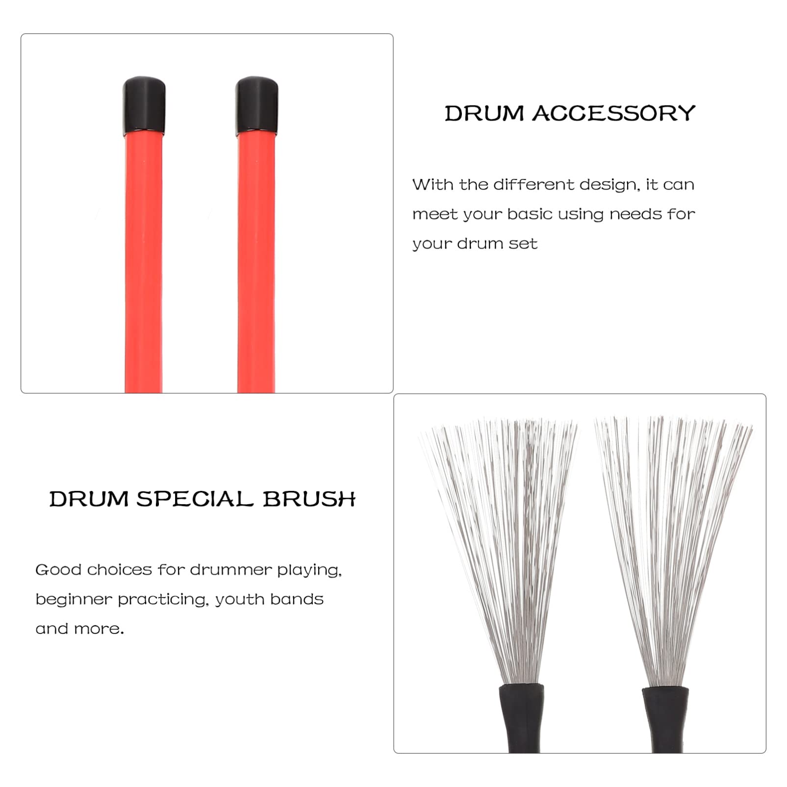 FRCOLOR Juego De Baquetas Para Batería 5a Con Cepillo De Alambre De Acero Para Batería Jazz, Color Rojo Con Funda De Tela Para Accesorios e Instrumentos Musicales, Adecuado Para Práctica y Escenarios