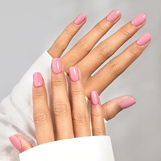 Press On Nails Short, Vneffabler Lady Pink Fake Nails Opaque Square Press ons Glue On Nails Reusable Stick On Nails With Nail Glue in 17 Sizes - 34 Acrylic Nails Kit, Lady Pink
