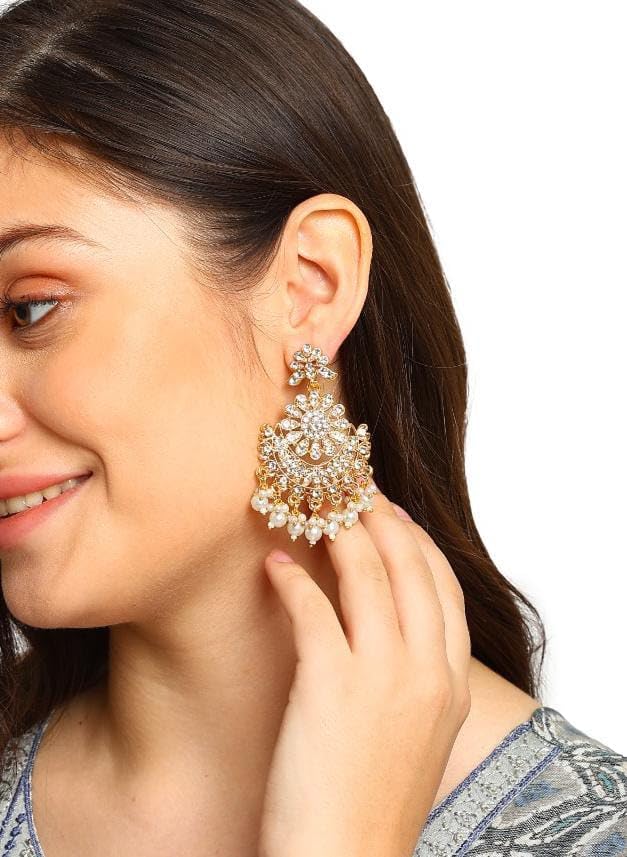 Bindhani Indian Bollywood Style White Stones Pearl Drops Chandbali Earrings For Women2