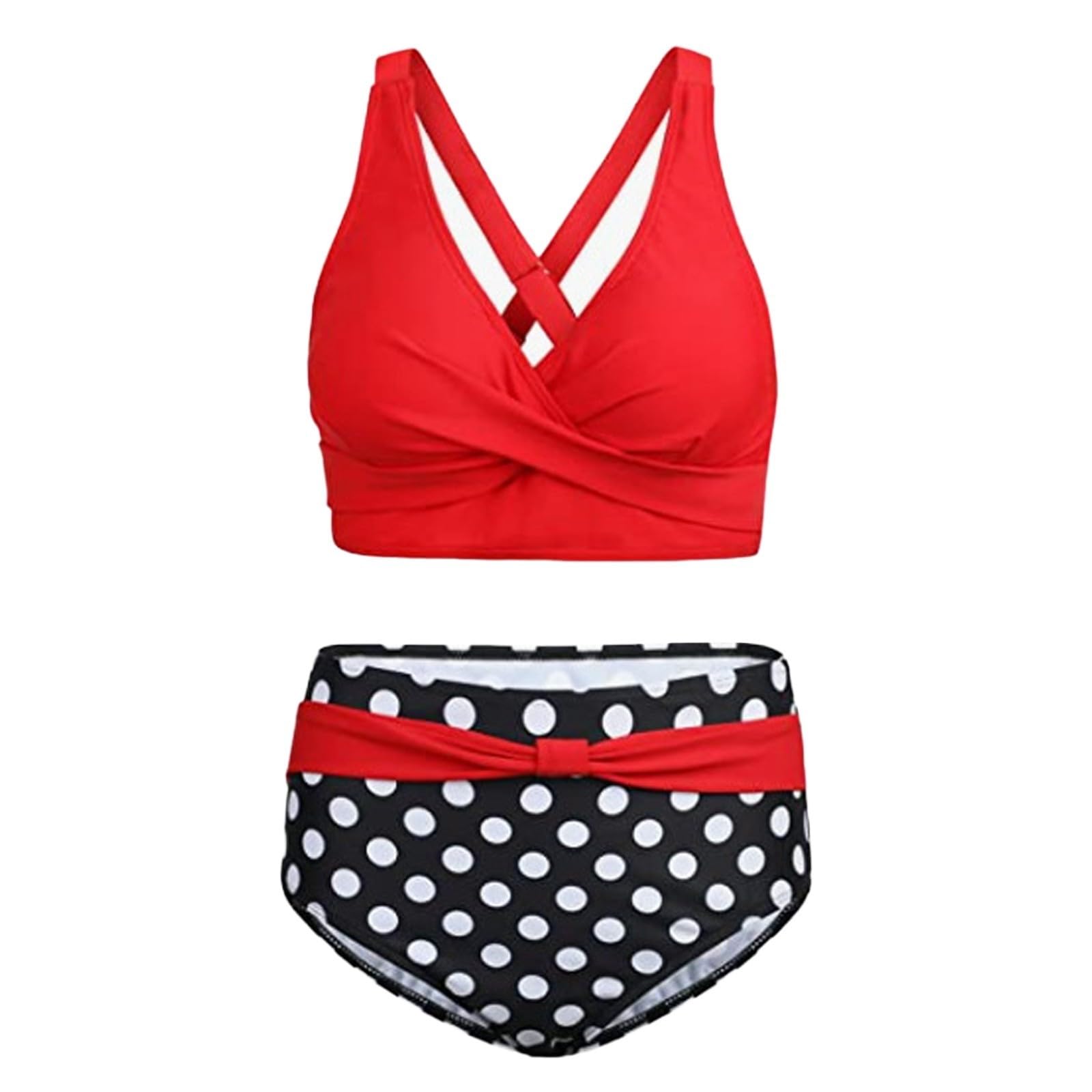 Dwuczęściowy strój kąpielowy bikini z wysokim stanem tankini kwiatowy plaża, czerwony, XL