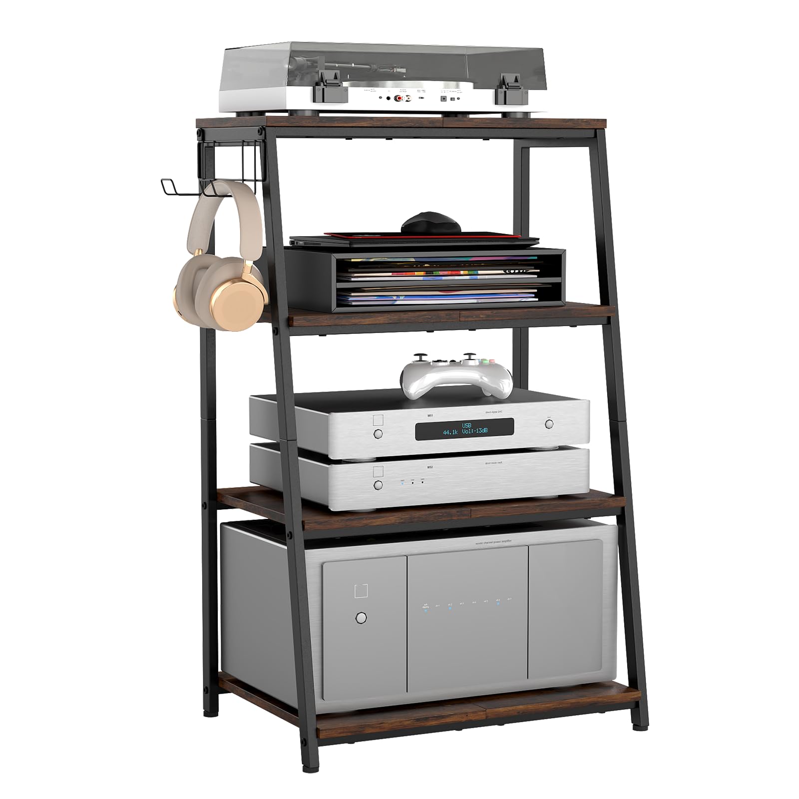 bimiti Meuble HiFi Bois à 4 Etagères Support pour Platine Vinyle avec Crochet pour Casque Audio,Platine Vinyle,Tourne Disque,TV Stéréo,Lecteur DVD Étagère Multimédia en Bois pour la Maison, Bureau