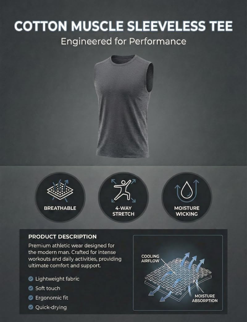 TACVASEN Tank Top for Men Moisture Wicking Cotton Sleeveless Shirts Muscle Gym Workout Causal Summer Tank Tops - Image 4
