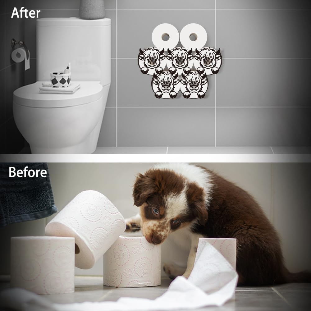 WADORN Funny Highland Cattle Metal Toilet Paper Holder, Black Highland Cow Decorative Toilet Paper Storage for Extra 8 Rolls Freestanding Animal Wall Mounted Organizer for Restroom Bathroom Cabinet