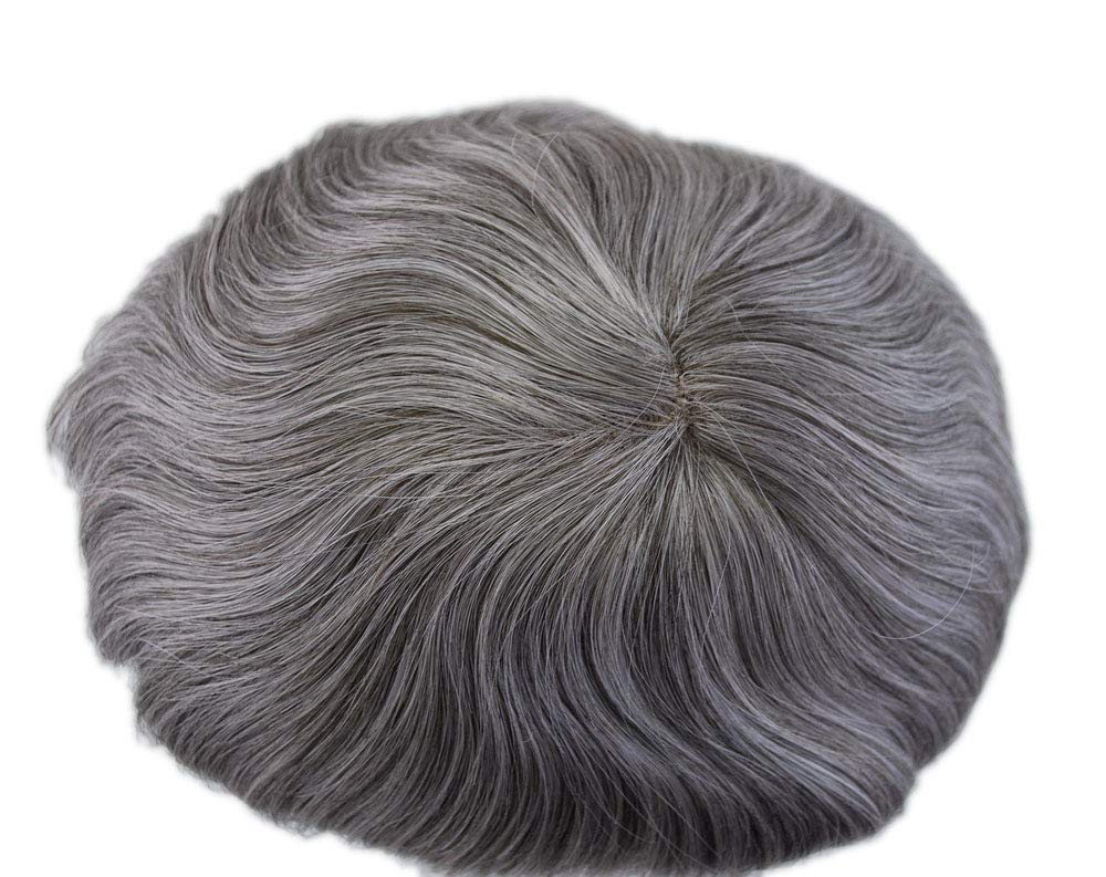 Mens Toupee Gray 260 Swiss Lace Human Hair Piece Dark Brown mixed 60% Gray Hair System