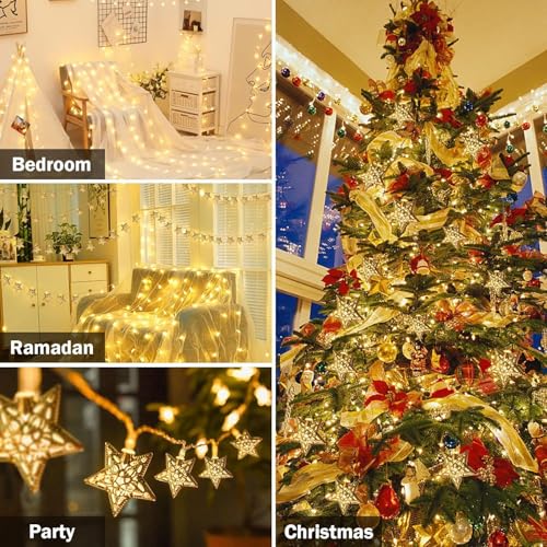 Image of Xenith 14 LED Decorative Star Shape Golden Metal String Lights Fairy Lights Decorative Lights for Diwali Christmas Home Marriage New-Year Festivals Decoration Lighting (Warm White, 3.5 Meter)