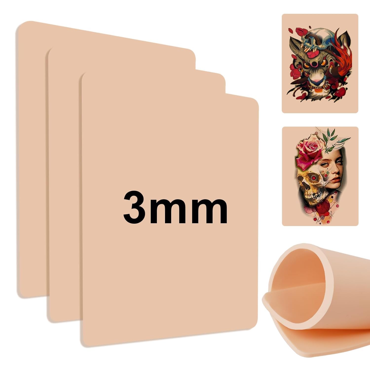 Rayyl 3pcs Fake Skin Tattoo Practice Skin 3MM Thick 6"x8" Double Sides Silicone Pads Tattoo for Beginner