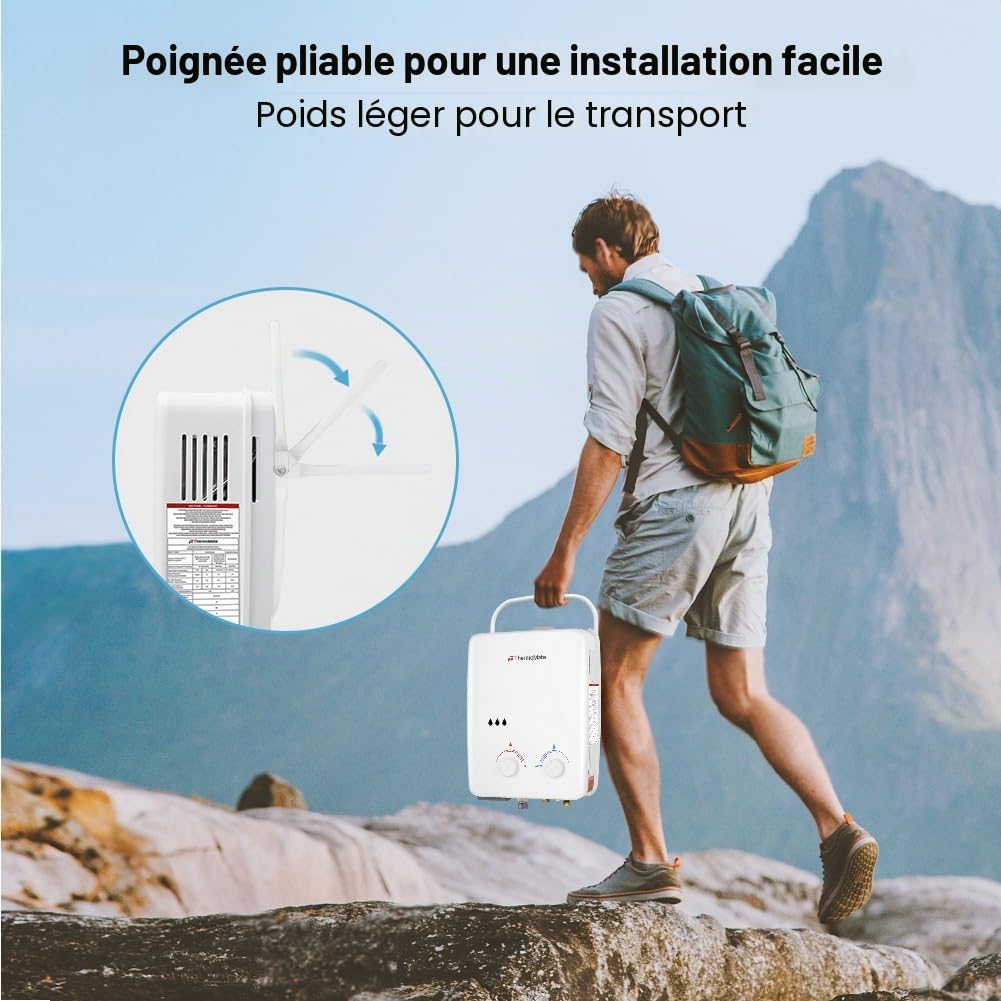 ThermoMate Chauffe-eau instantané à gaz sans réservoir, chauffe-eau portable instantané, 10 kW, 50 mbar, pour camping, bateau, camping-car