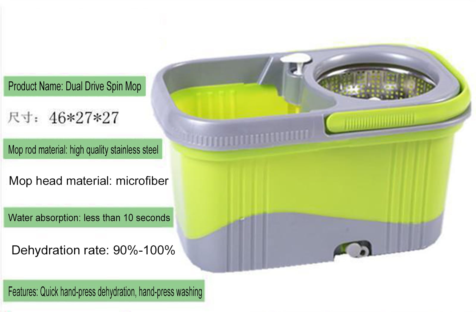 Trapeador Giratorio y Cubo con Juego de escurridor, Sistema de Cubo Giratorio de 360°, Mango Ajustable de Acero Inoxidable para Limpieza de Pisos,A