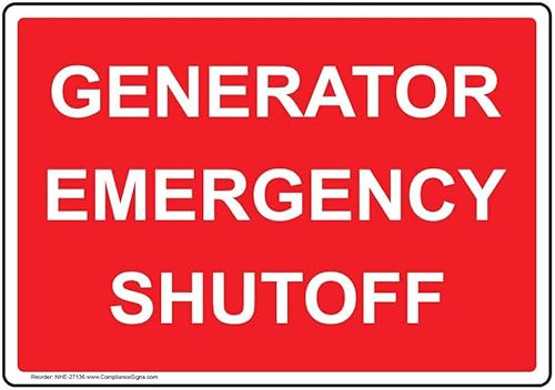 ComplianceSigns. Señal del cierre de la emergencia del generador de la comunicación, plástico de 10x7 pulgadas para eléctrico, hecho en los E.E.U.U