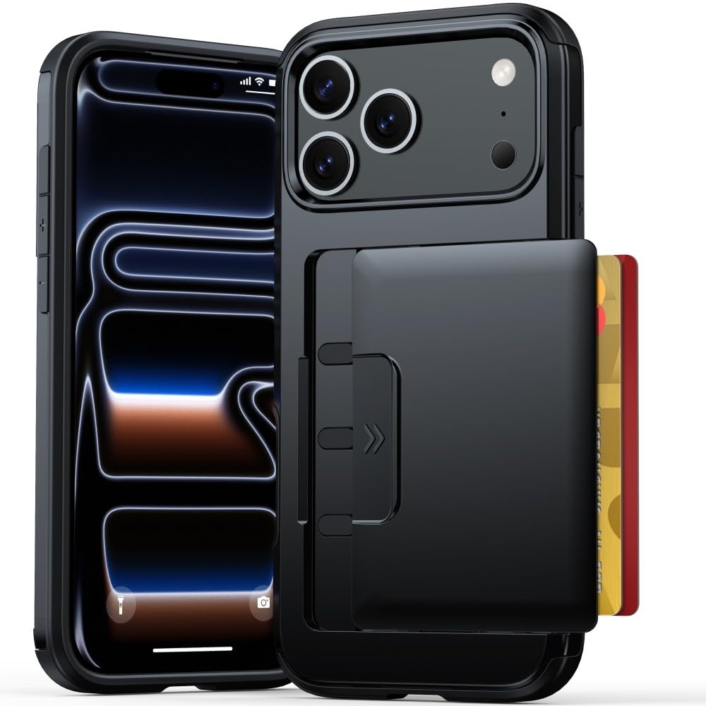 Generic Funda compatible con iPhone 17 Pro Max (color: negro), tarjetero deslizante, funda rígida de silicona