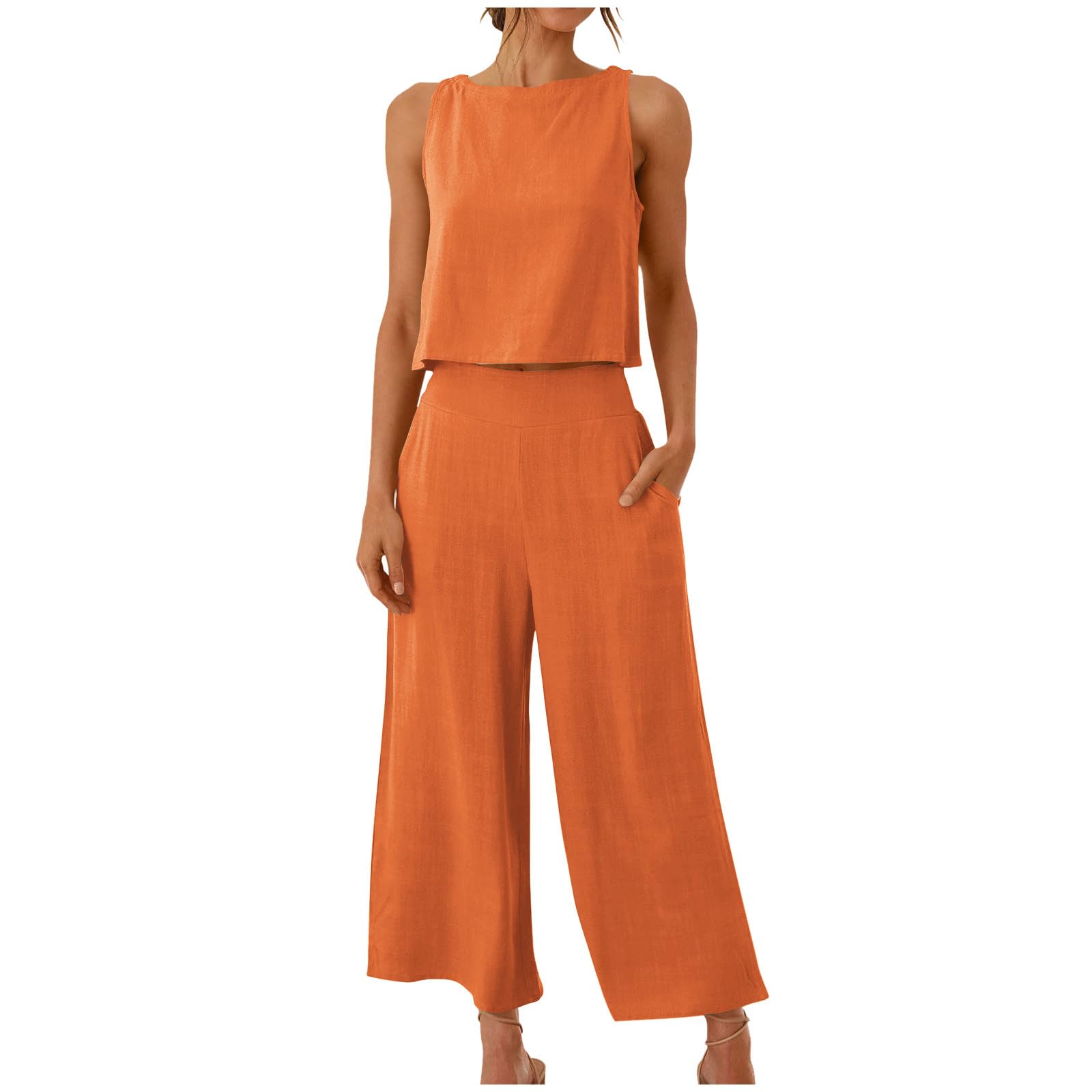 NUSGEAR 2024 Conjunto Dos Piezas Mujer algodón Lino Casual Camiseta sin manga y Pantalones largo verano Chalecos Deportivo Suelto Traje Cómodo Moda Conjunto Casa Color sólido ligera