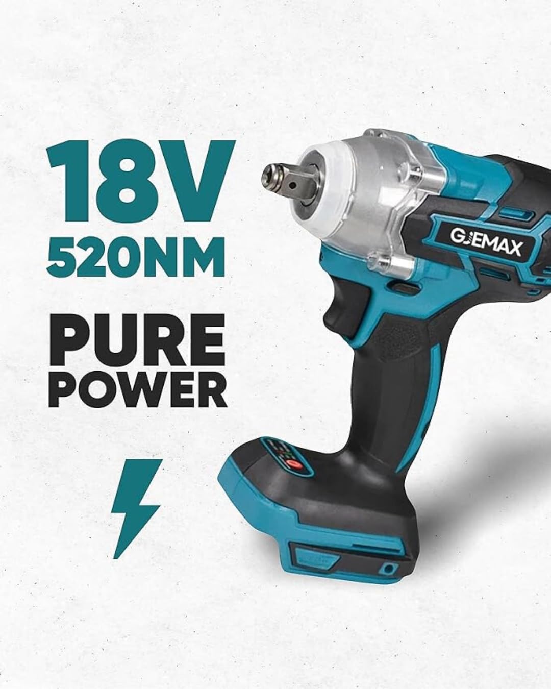 GJEMAX 18V 520Nm Cordless Impact Wrench showing its powerful design.