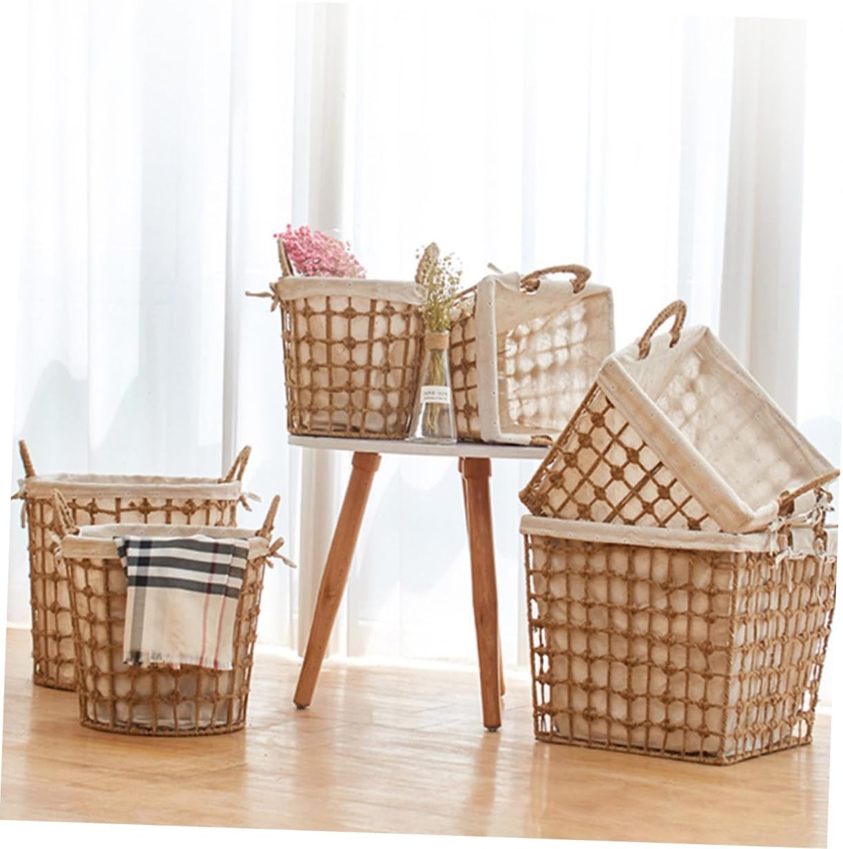 Vintage Style Woven Laundry Container with Handle Small Square Rope Basket for Dirty Clothes Practical Storage Organizer for Bathroom Bedroom Space-saving Laundry Basket