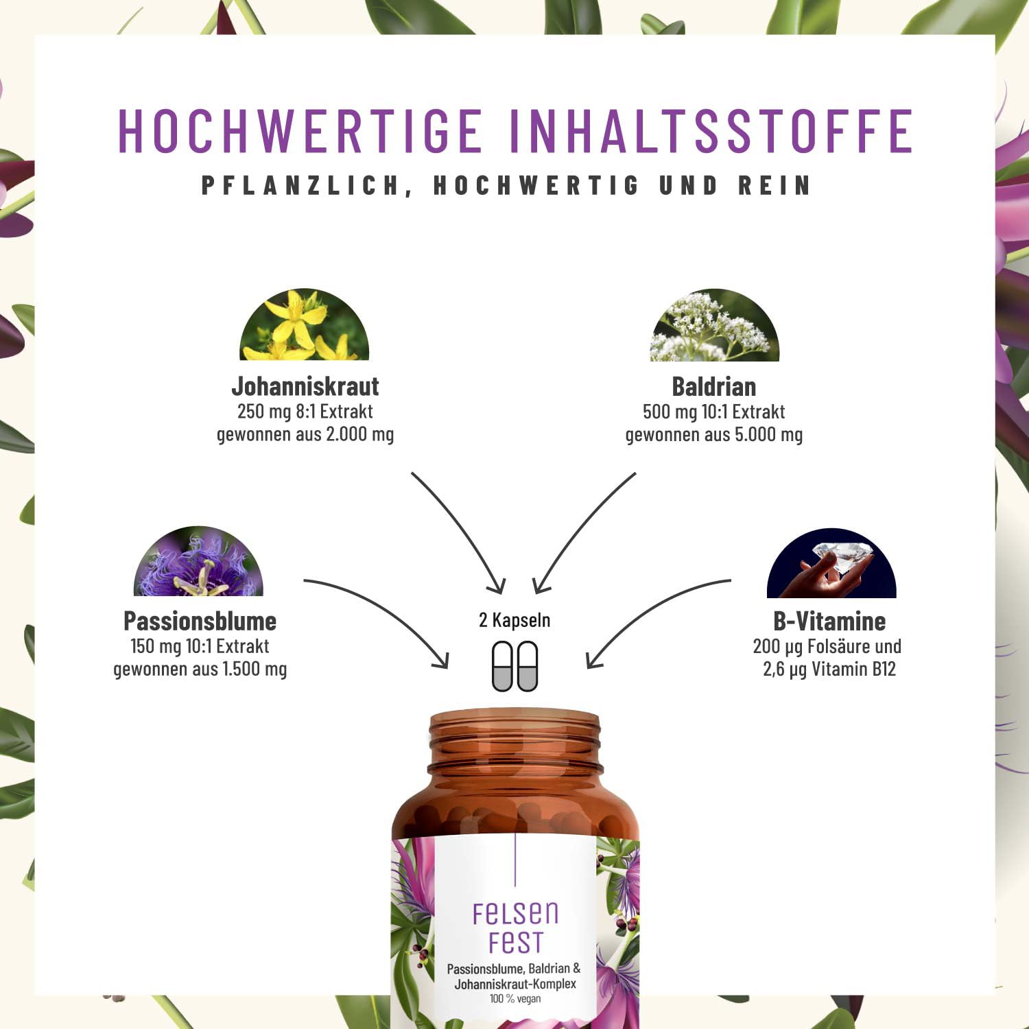 FELSENFEST - Johanniskraut Baldrian Passionsblume Kapseln hochdosiert - Vergleichssieger * - St Johns Wort mit Folsäure & B12 - Vegan - 90 Kapseln