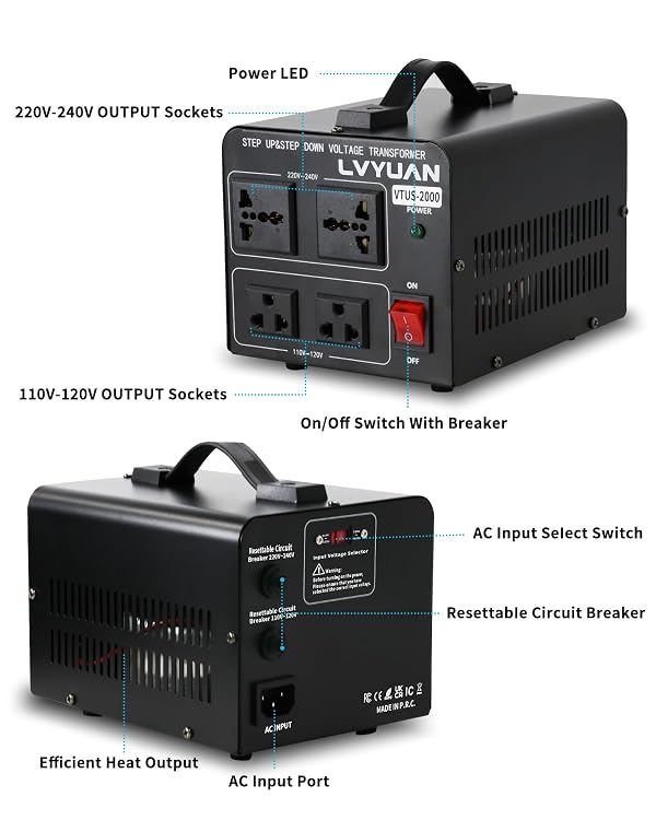 LVYUAN Voltage Transformer Converter 2000 Watt Step Up/Down Convert from 110-120 Volt to 220-240 Volt and from 220-240 Volt to 110-120 Volt with 2 US outlets, 2 Universal outlets by LVYUAN - Image 2