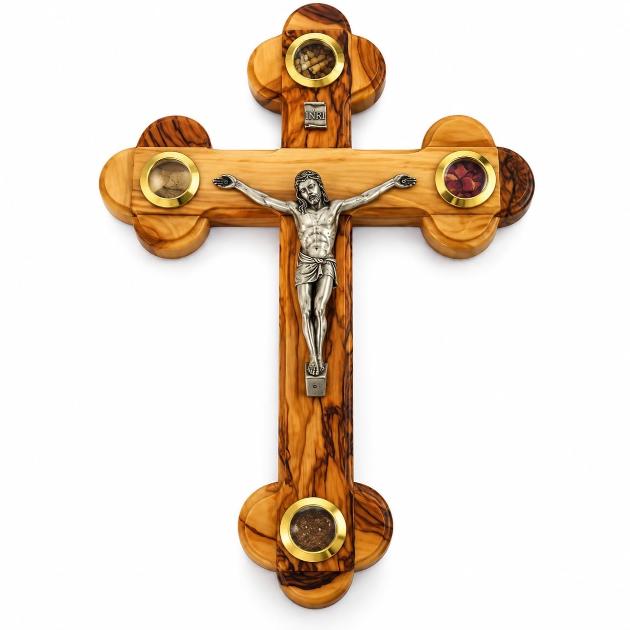 Kruzifix aus Olivenholz mit 4 Relikten des Heiligen Landes, christliches