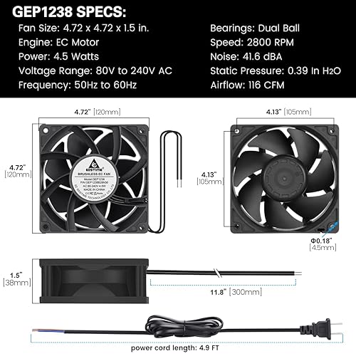 Miniatura 6 de GDSTIME Ventilador de refrigeración EC, ventilador de 4.724 in, 1.496 in CA 110 V 115 V 120 V 220 V 240 V, rodamiento de bolas doble