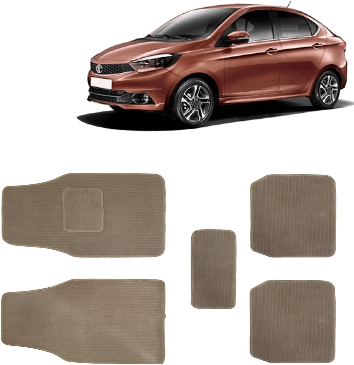 Kingsway Carpet Style Universal Car Mats for Tata Tigor, 2017 Onwards Model, Beige Color Anti Slip Car Floor Foot Mats, Complete Set of 5 Piece, Premium Series