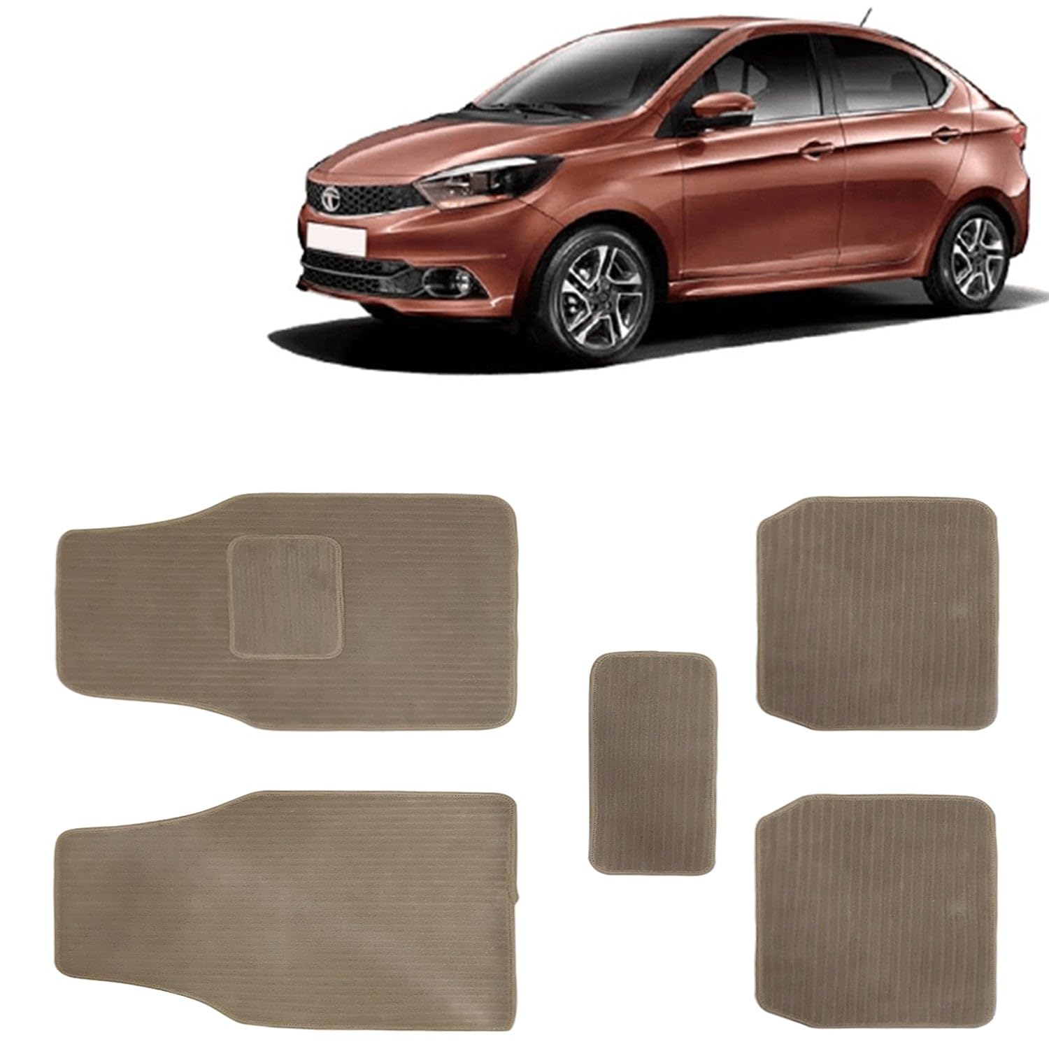 Kingsway Carpet Style Universal Car Mats for Tata Tigor, 2017 Onwards Model, Beige Color Anti Slip Car Floor Foot Mats, Complete Set of 5 Piece, Premium Series