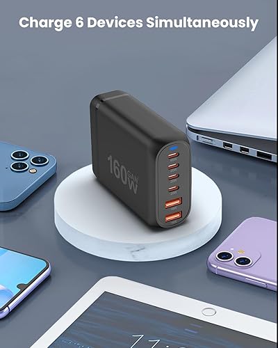 Miniatura 3 de GEEKERA Cargador USB C, estación de carga rápida de 6 puertos de 160 W con 4 USB-C + 2 USB-A, concentrador de bloque de pared de carga multipuerto