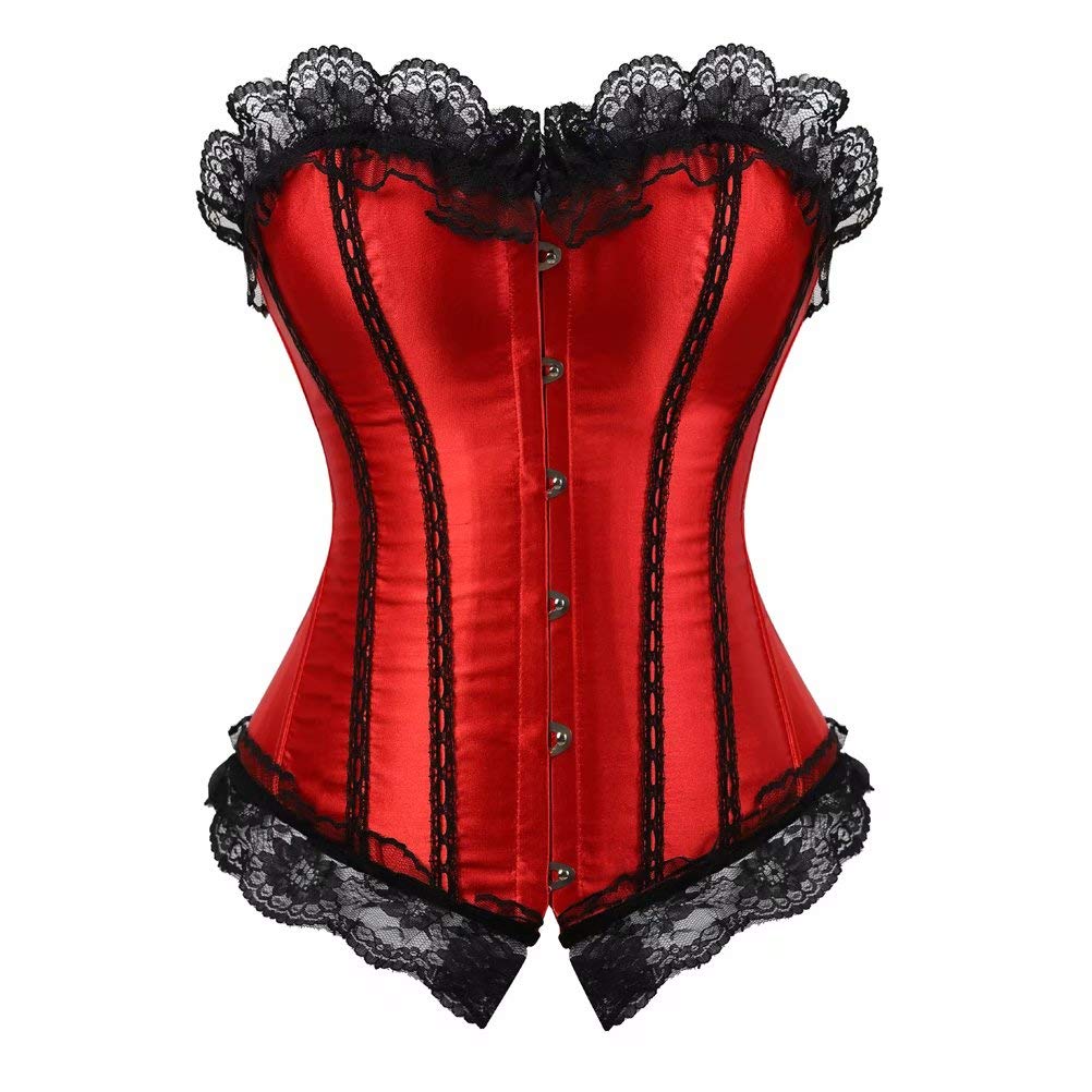 jutrisujo Basques and Corsets for Women Sexy lace Overbust Corset top Victorian Burlesque Costume Halloween Red S