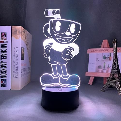 GZEZHA Game Cuphead Mugman Figure 3D Night Light, LED Toy Lamp, Supports 16 Kinds of Color Switch, Can Change The Light Color by Remote Control,