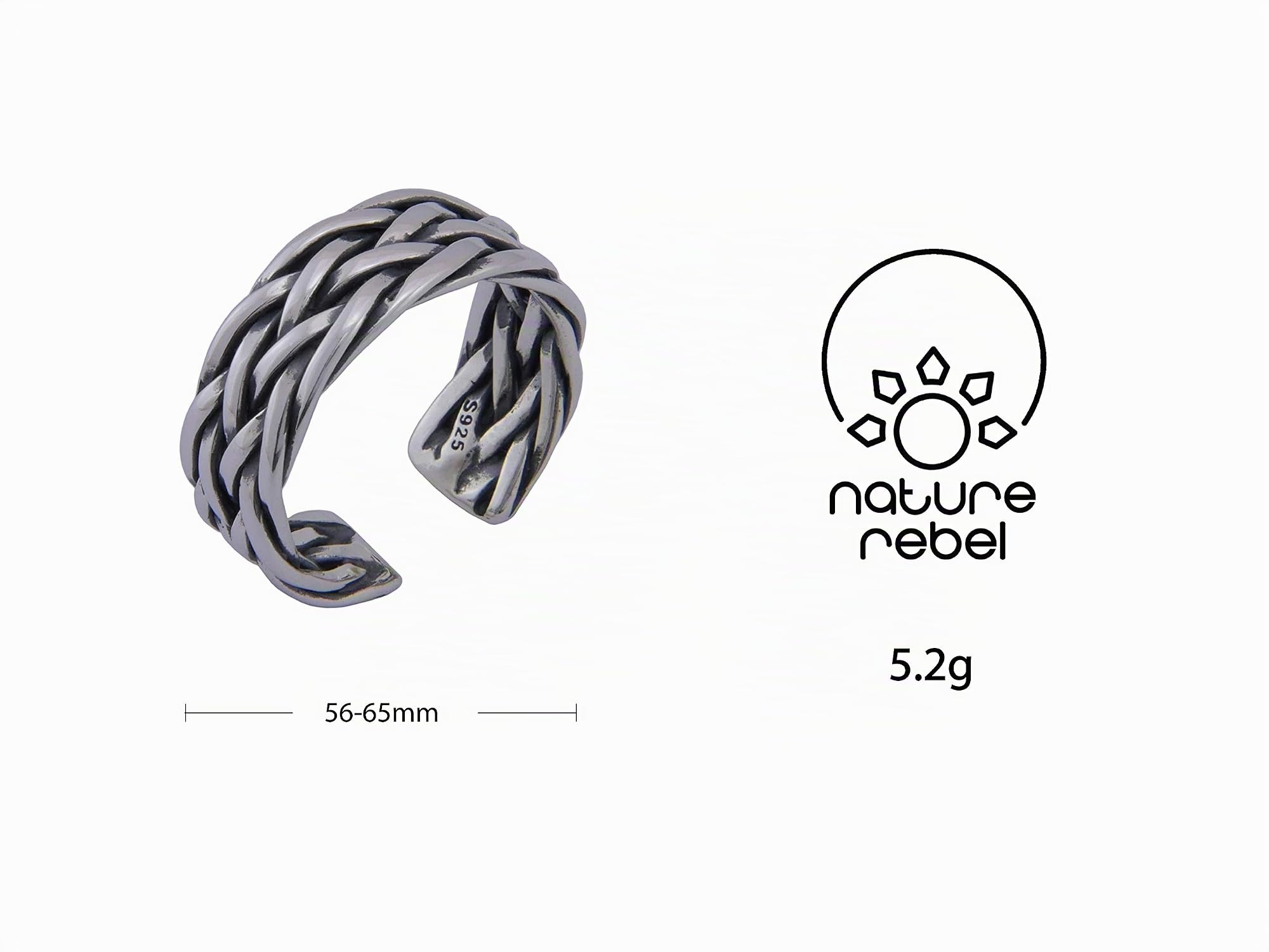 Nature Rebel Herren Ring breit 925 Silber offen verstellbar geflochten
