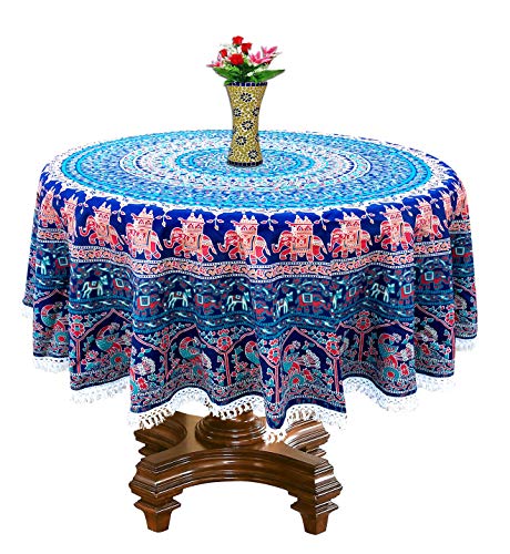 Image of RHF Dining Round Tablecloth 100% Cotton Multicolor Floral Bird Printed 4-6 Seater Round Table Cover with White Fringed Lace Border 75 inch (Blue)