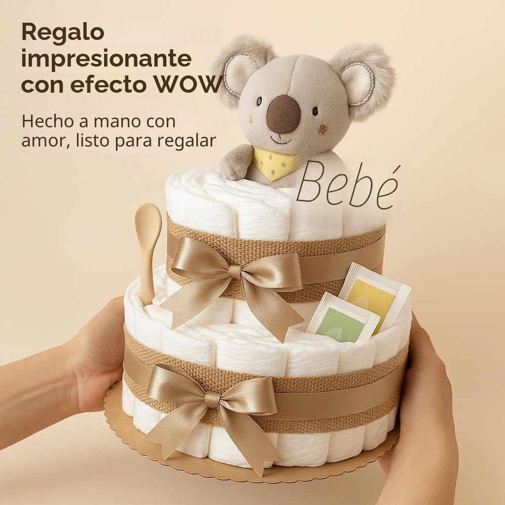 Tarta de pañales para niña y niño con koala Greifling – Boho Vintage [hecho a mano] – Regalo de nacimiento con agarrador koala y té orgánico – Tarta neutral y para baby