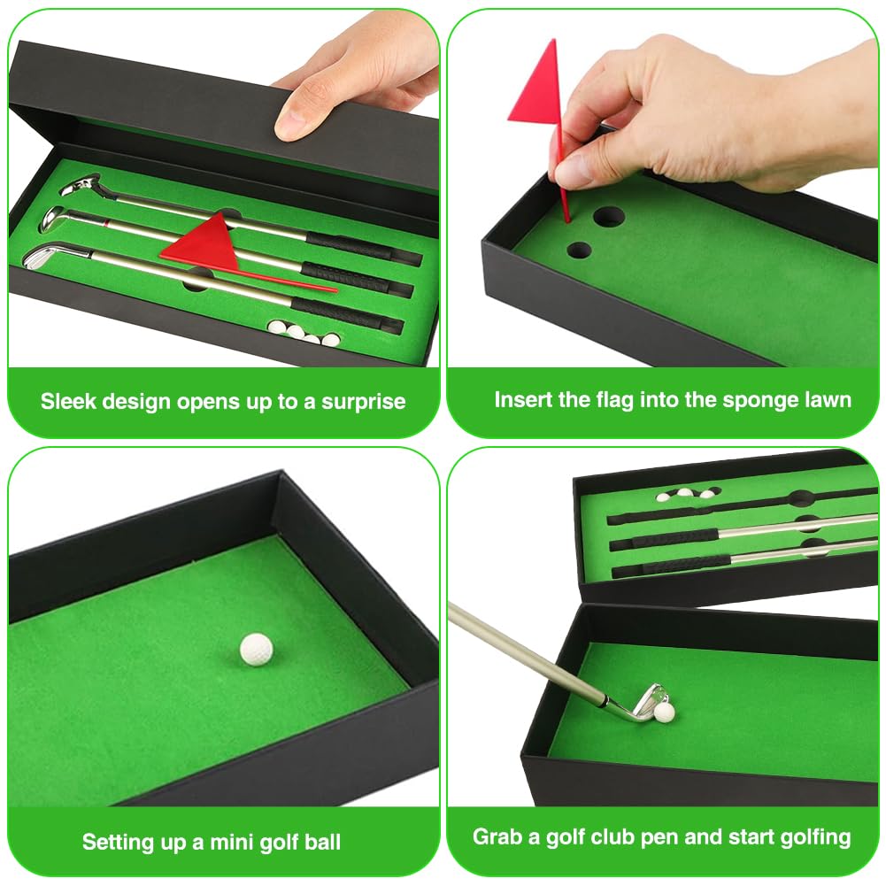 Golf Pen Set with Flag, Mini Golf Club Pen, 3 Pen Holders, 4 Balls, 9 Refills