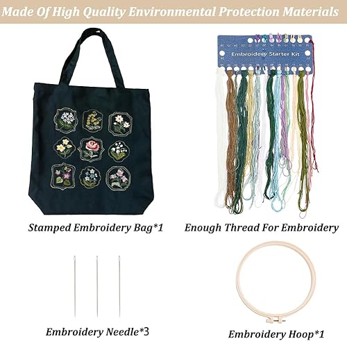 Miniatura 3 de WADORN Kit de bordado de bolsa de lona para bricolaje, bolsa de lona con patrón de flores, juego de fabricación de materiales, bolsa de bordado de