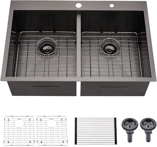 33 Inch Black Double Bowl Drop In Kitchen Sink-Bokaiya 33x22