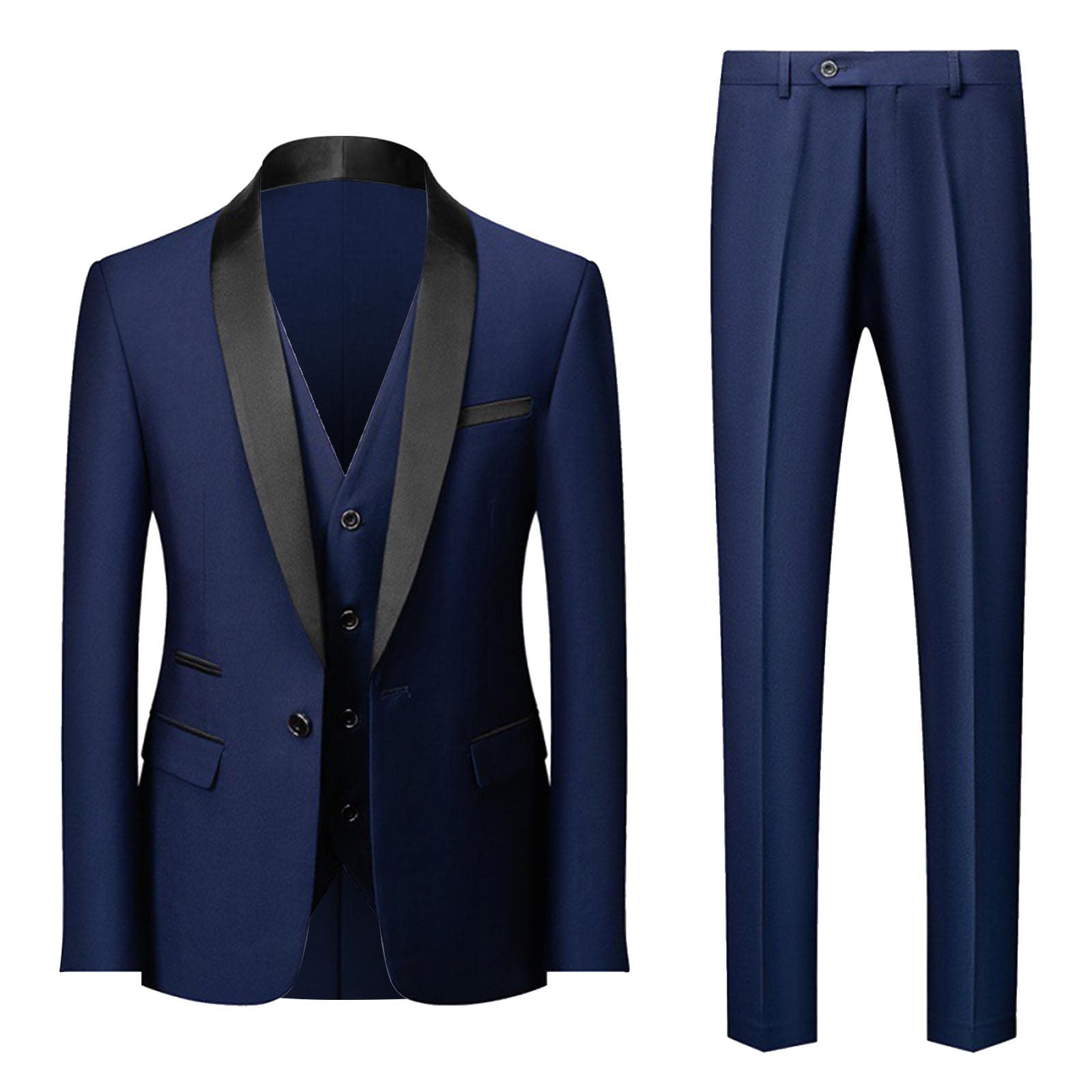 Uomo Tinta unita Moda Casual Partito Dress Up Suit Giacca Gilet Pantaloni Tre Abiti, Blu, 6X-Large