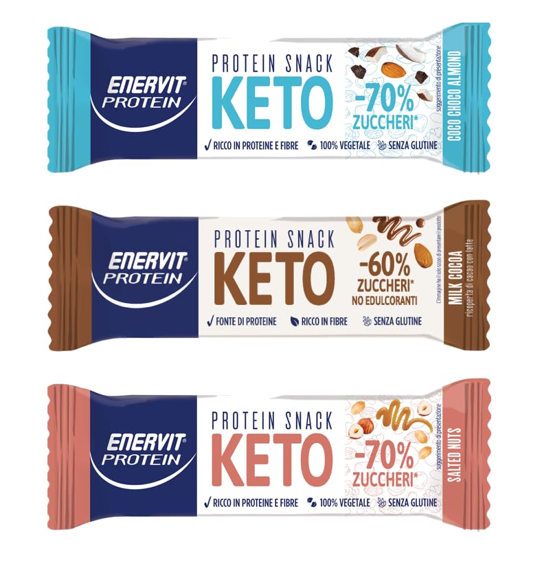 Enervit Protein Snack Keto Pack | 30 barrette da 35gr assortite nei gusti: Salted Nuts, Coco Choco Almond, Milk Cocoa