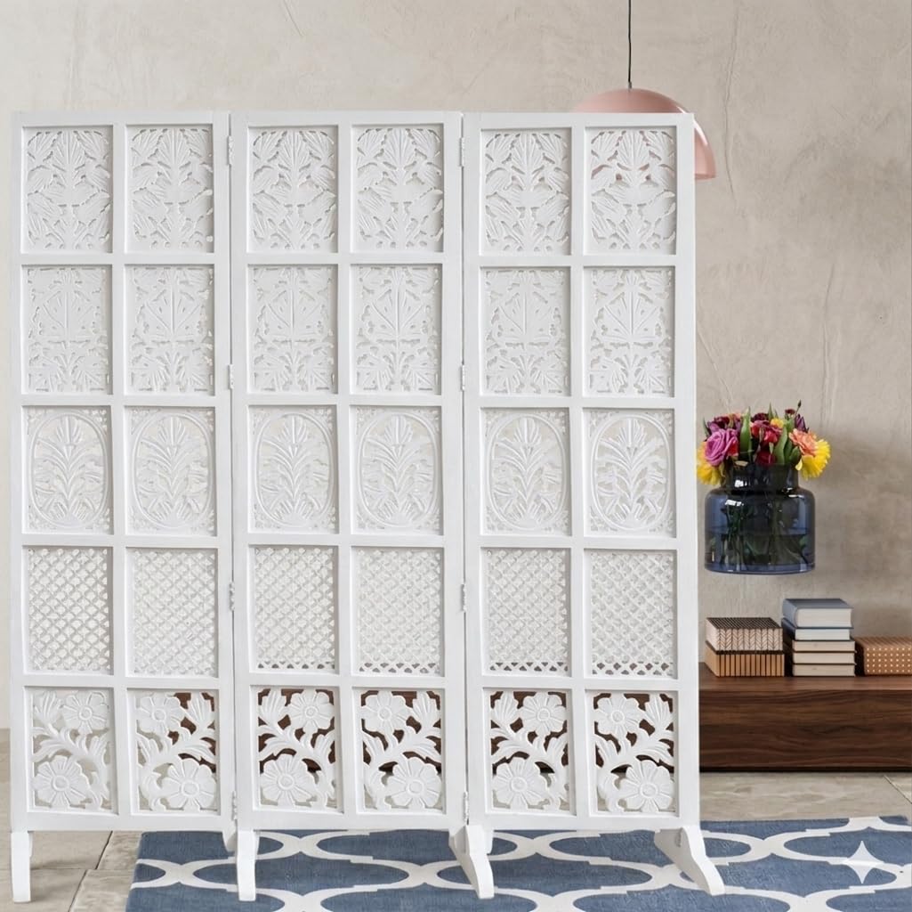 Crafted Wood Wooden partition for Pooja Room/separators for Living Room/Wall partition/Room partition/Wooden partition for Living Room/Divider for Kitchen, Hall. (6 feet) (White, 3 Panel with Stand)-image-23