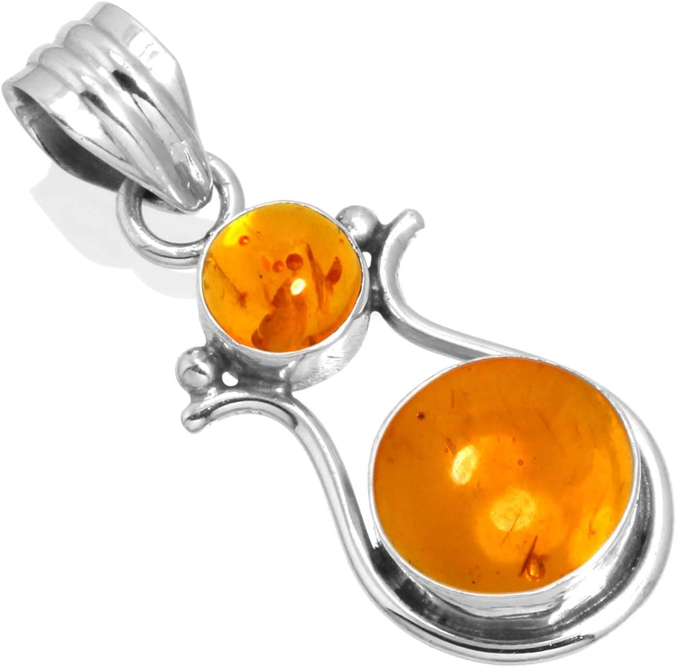 JEWELOPORIUM Natural Gemstone Pendant Necklace For Women Onyx, Amber, Lapis, Turquoise Round Boho Genuine 925 Sterling Silver Handmade Jewelry