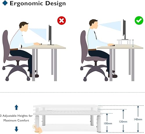 Miniatura 3 de BONTEC Paquete de 2 soportes elevadores de monitor de 3 alturas ajustables con soporte para bolígrafo, soporte ergonómico de metal para computadora