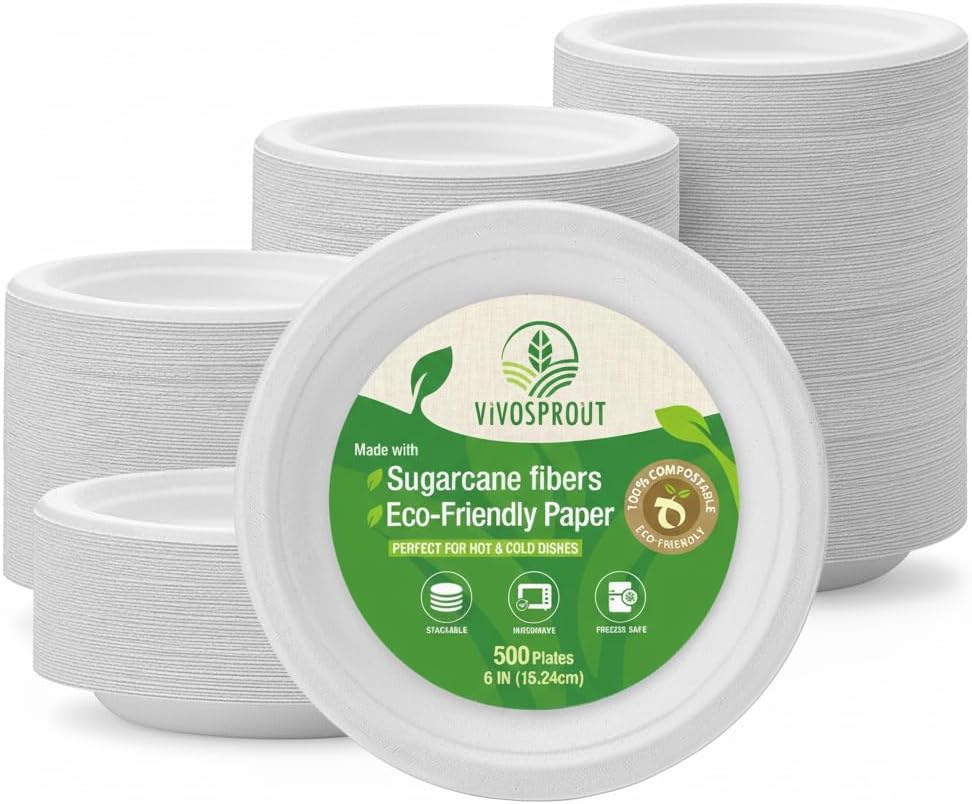 6 Inch White Compostable Plates Bulk [500 Count] – Biodegradable Sugarcane Fiber Dinner Plates, Heavy-Duty & Microwavable Disposable Plates for Weddings, Parties, BBQs