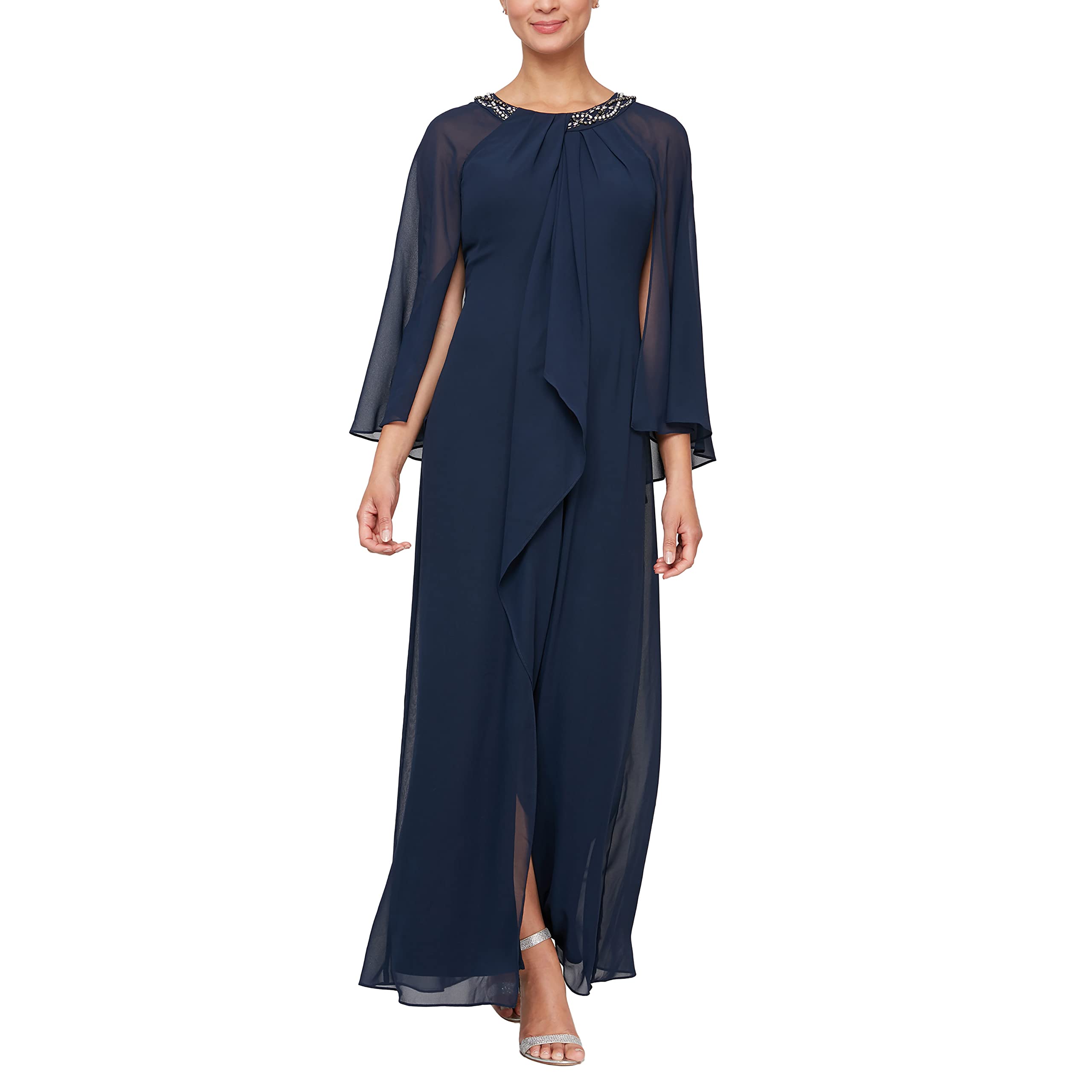 S.L. Fashions Women's Jewel Neck Drape Front Dress, Navy Capelet Sleeve, 16